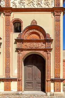 Door decorated with reliefs, Fürstenhof, Wismar, Mecklenburg-Western Pomerania, Germany