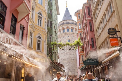 Istanbul, Turkey. August 7th 2026. A cooling mist is sprayed from cafes in the summer heat outside