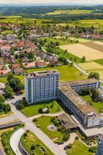 View of urban residential areas and large fields in a rural area, Wart, Altensteig, Germany