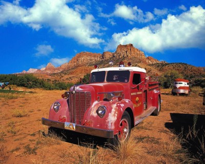 Vintage car, old fire truck in Zion Canyon, Utah, USA, Zion Canyon, United States