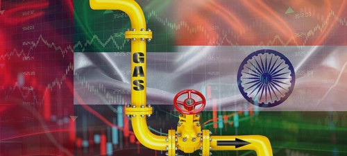 Gas pipeline with Emirati and Indian flag. Production and export of Emirati gas to India