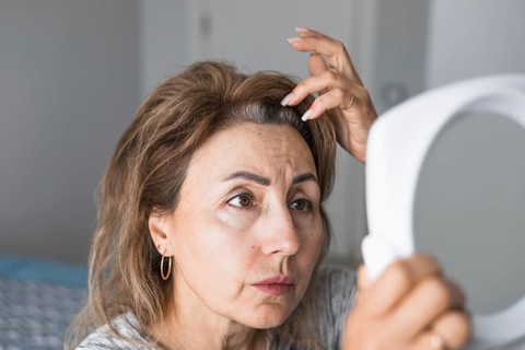 Mature woman inspects her appearance in mirror, looking at her gray roots hair. Natural light fills