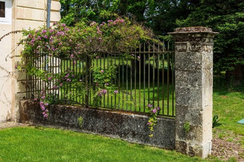 Decorative historic rose-covered garden wall in southern France