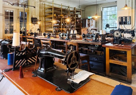 Museum laundry factory, sewing room, industrial sewing machines and knitting machines come almost