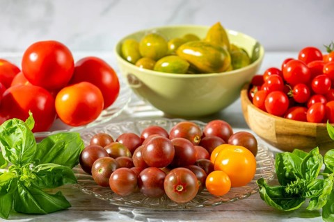 Fresh basil leaves and tomatoes on a table, arranged in natural light