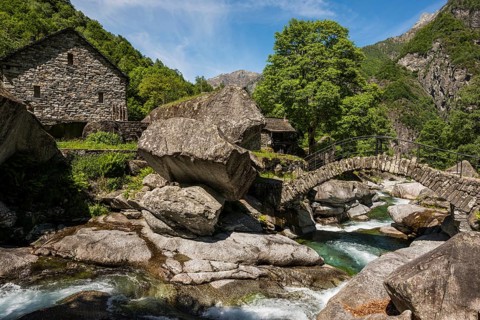Traditional old stone houses and old stone arch bridge, Splueia Bella, near Foroglio, Val Calnègia,