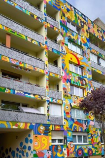 Apartment house decorated with decorative graffiti in the Mobit district of Berlin, Germany