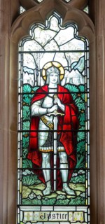 Stained glass window depicting Justice, All Saints church, Great Glemham Suffolk, England, UK by