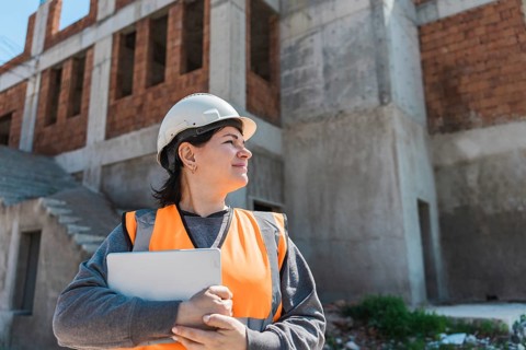 Woman in a hard hat and safety vest uses a laptop at a construction site. The building is in