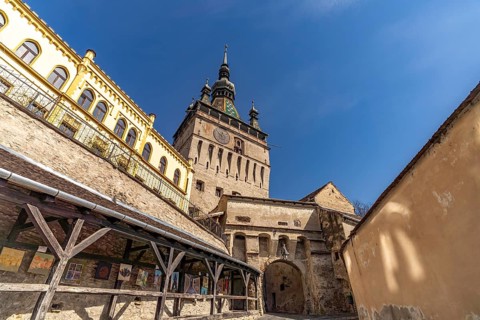 Stairway to the citadel and hour tower in Sighisoara or Sighi?oara, Transylvania, Romania