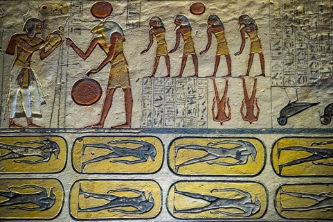 Colourful reliefs and wall paintings and hieroglyphs, tomb, Pharaoh Ramesses IX, Valley of the