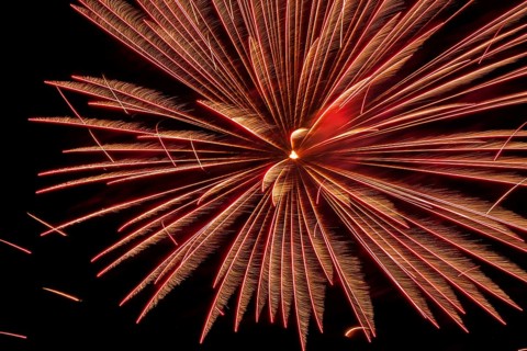 Golden orange and red, illuminated trailing streaks of fireworks in black sky at night in summer,
