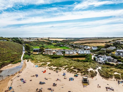 View of Porthcothan and Porthcothan Beach from a drone, Porthcothan, Padstow, Cornwall, England,