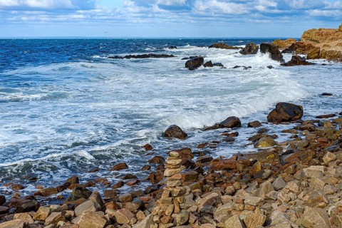 Picturesque coastal landscape full of stone men, near Hovs Hallar, a nature reserve near Bastad,