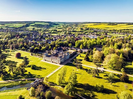 Wilton House from a drone, Wilton, River Nadder, Salisbury, Wiltshire, England, United Kingdom