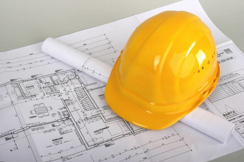 Building plan and helmet, symbolic image for architect, studio, Vienna, Austria