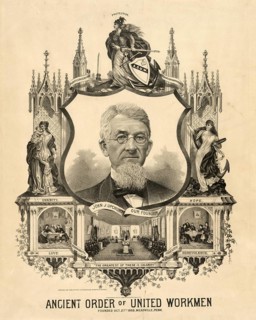 A lithograph of the Ancient Order of United Workmen (AOUW) featuring a portrait of its founder,