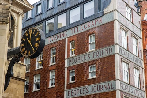 Glazed lettering for the Dundee Courier, Sunday Post and People's Friend decorates the DC Thomson