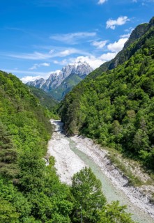 Dogna river and Jof di Montasio mountain peak, Julian Alps, Dogna, Eisental, Friuli-Venezia Giulia,