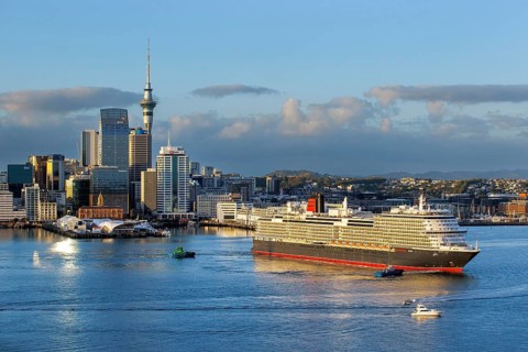 Cunard's ocean liner Queen Anne enters the harbour as part of her maiden World Voyage, Auckland,