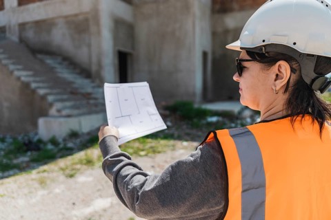A woman with dark hair, wearing a hard hat and orange safety vest, examines blueprints at a