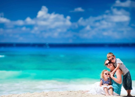 Mother and two children on the beach, Seychelles, La Digue, family, La Digue, Indian Ocean,