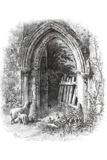 Gate of Rievaulx Abbey, Rievaulx Cistercian Abbey, in North Yorkshire, England, illustration,