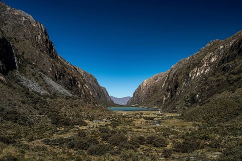 Laguna Llanganuco in Huascaran National Park, mountainous landscape, Cordillera Blanca, Andes,