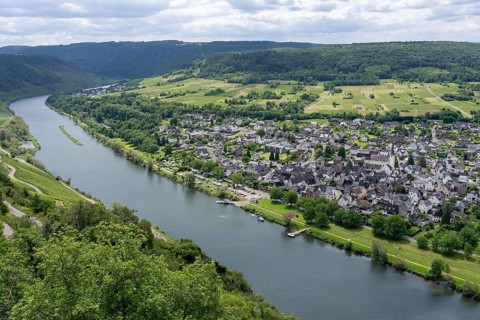 The wine town of Pünderich, in the district of Cochem-Zell, on the Moselle, view from the vineyards