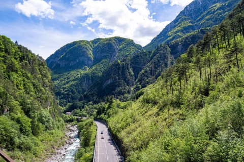 Fella river and motorway, canal valley, mountainous landscape, Julian Alps, Alpe-Adriatic cycle