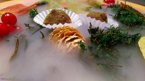 View of the close-up of two candies with berries and needles in the mist, haute cuisine, Creative