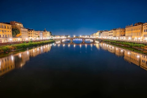 Promenade with arno river in front at blue hour, Florence, UNESCO World Heritage Site, Tuscany,