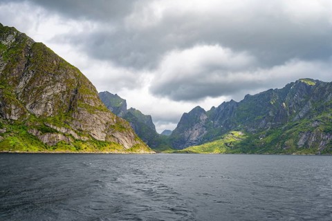 Fjord landscape with mountains, Reinefjord, Lofoten, Norway