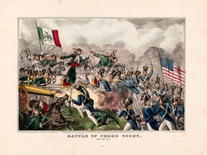 This lithograph depicts a scene from the Battle of Cerro Gordo on 18 April 1847 during the