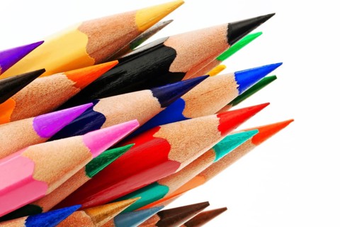 Lots of different colorful pens Coloured pencils isolated against white background, Austria