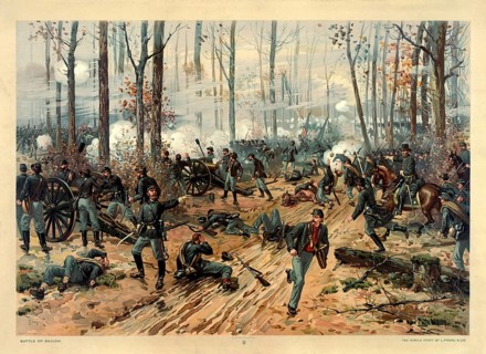 Chromolithograph of the Battle of Shiloh, known as the Battle of Pittsburg Landing, from the