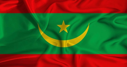 Realistic Mauritania flag waving. Close up of flag of Mauritania with cloth texture