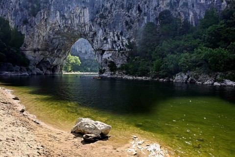 Canoes on the Ardèche river, above the Pont d'Arc rock gate, Ardèche Gorge, Gorges de l'Ardèche,