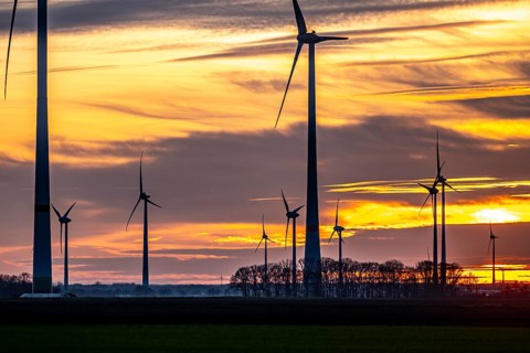 Sunset at Issum wind farm, Lower Rhine, North Rhine-Westphalia, Germany
