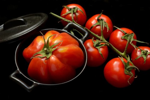 Oxheart tomato in pots and vine tomatoes, Solanum lycopersicum