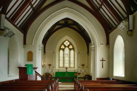 Interior view of choir room, altar, St Mawes Church, St Mawes, Cornwall, England, Great Britain,