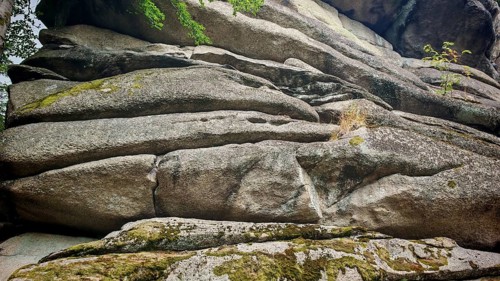 Großer Waldstein rock formation, with stratification and moss growth, Fichtelgebirge nature park