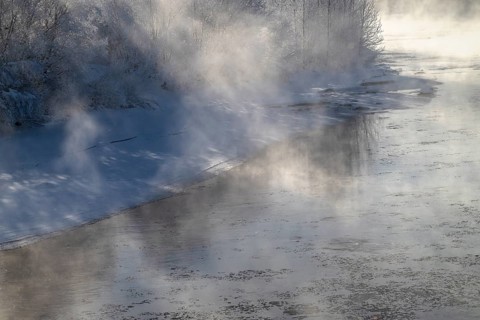 Fog over the river Glomma (Glåma), Alvdal, Hedmark, Innlandet, Norway, February 2026