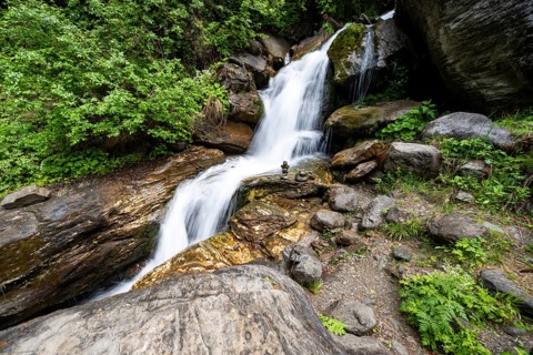 Waterfall and stone men, Mühldorfer Bach flows through the Barbarossa Gorge, long exposure,
