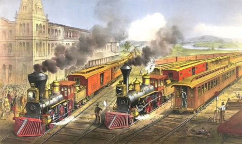 American Railroad Scene: Lightning Express Trains Leaving the Junction. The picture depicts a