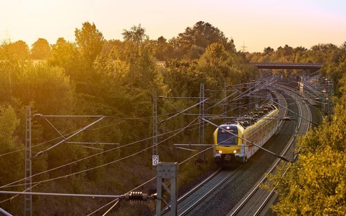 Intercity train traveling through a scenic railway corridor at sunset, surrounded by trees and
