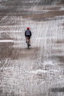Dirt road, with many tracks of two-wheelers, footprints, cyclists, wet, after rain, parallel, mixed