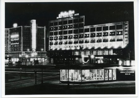 Berlin, Mitte, commercial buildings, at night, Gold-Pfeil, modern architecture, GDR, East Berlin,