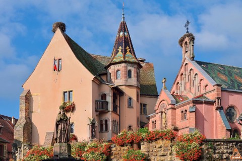Castle with St. Leo IX chapel and statue of Pope Leo IX, Eguisheim, Haut-Rhin, Alsace, Grand Est,