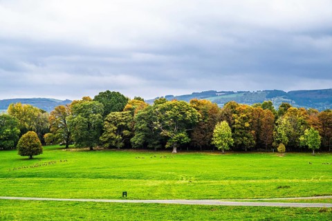 Autumn colors over Powis Castle and Garden, Welshpool, Powys, Wales, UK